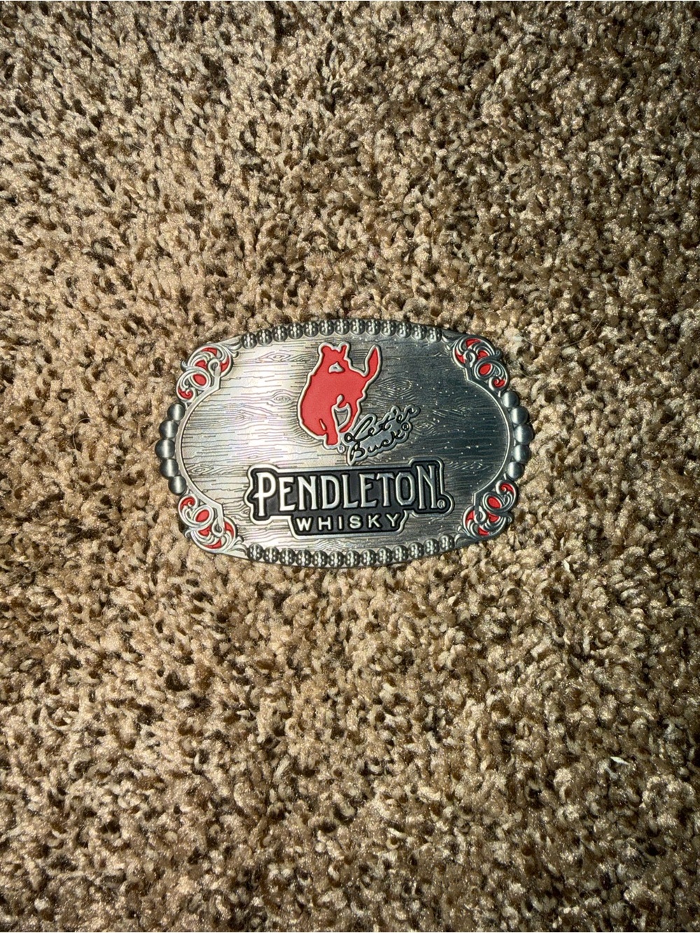 Pendleton Silver-Tone Oval Belt Buckle with Red Accents